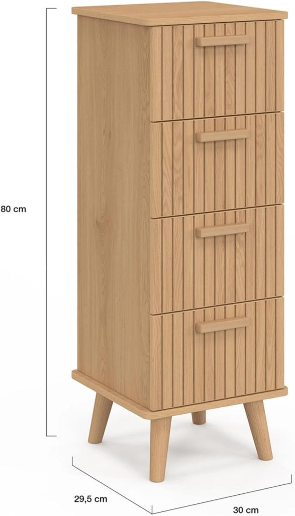 JULIETTE mobile a 4 cassetti, 30 cm, armadio a doghe color rovere con doghe in legno