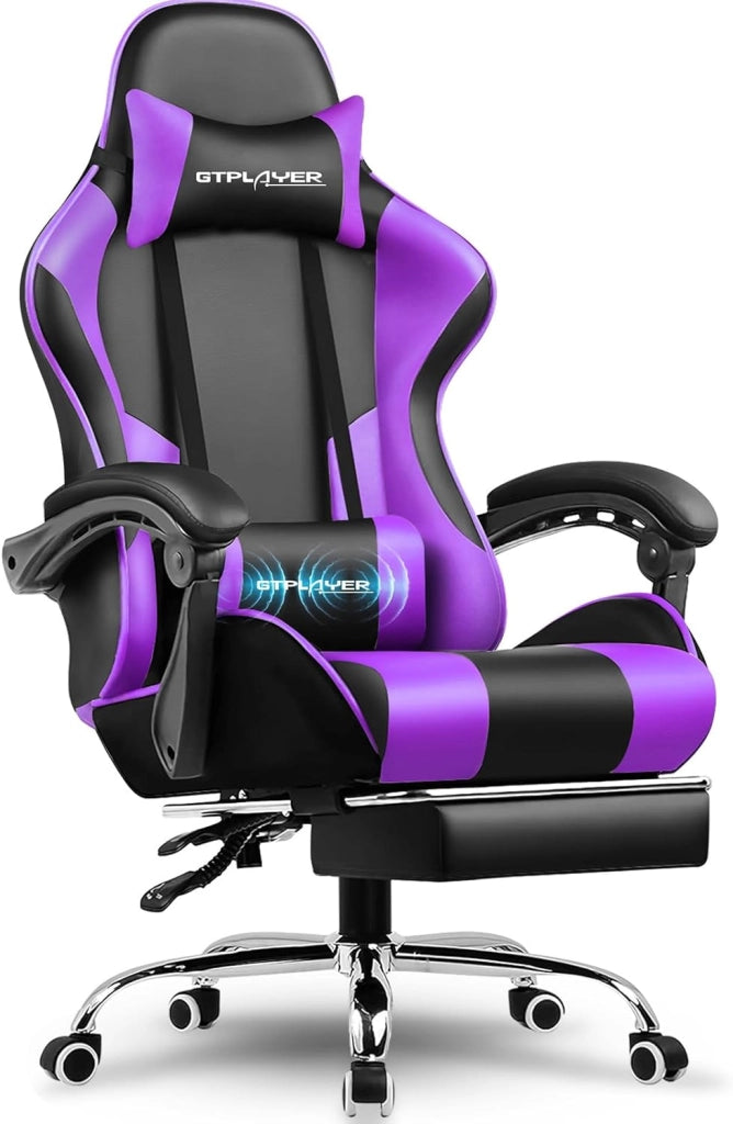Sedia da gaming, da ufficio, da gioco, ergonomica, con poggiapiedi, per massaggi, cuscino lombare, imbottita, sedia girevole, colore: bianco