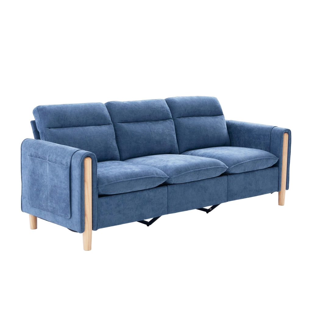Divano angolare reversibile in chenille con pouf contenitore e tasche laterali in legno massello blu
