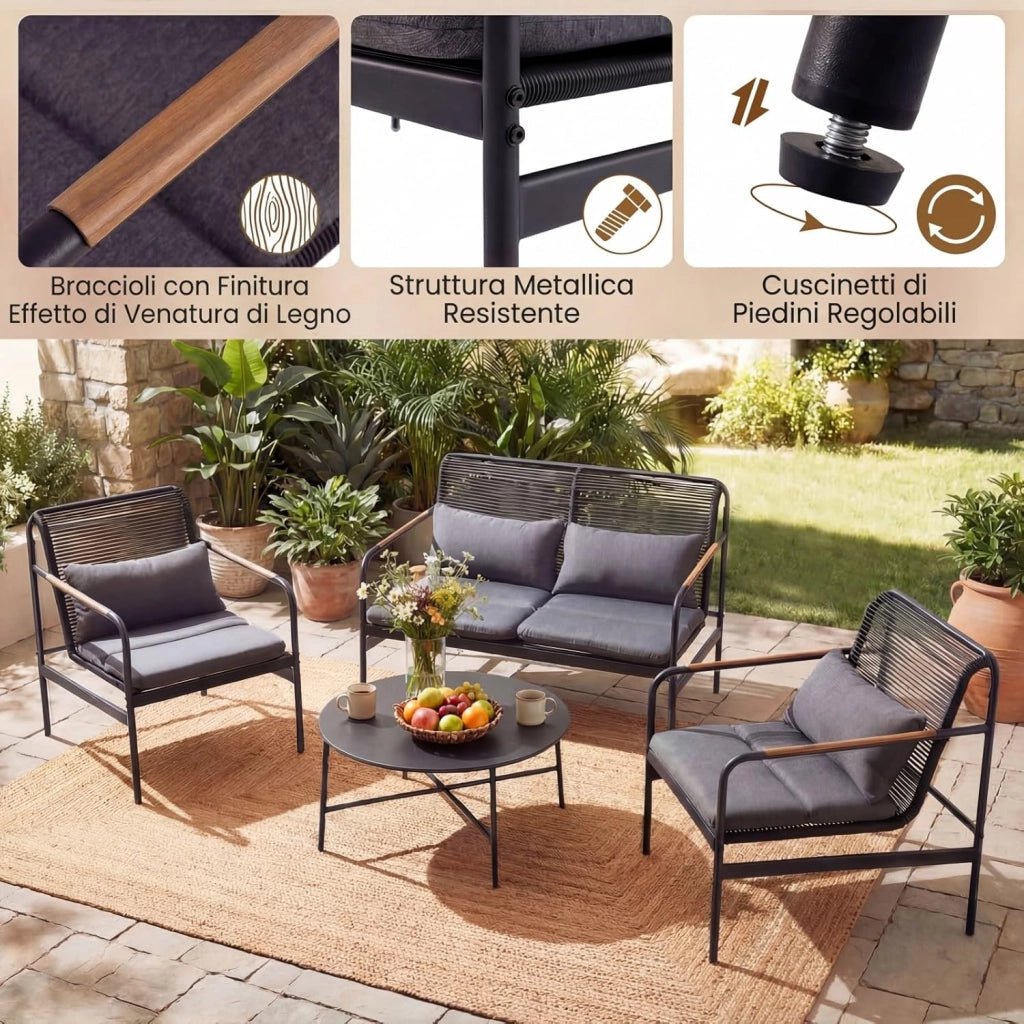 Set Salotto da Giardino 4 Pezzi in Rattan PE, Tavolo da Giardino con 2 Poltrone e Divano a 2 Posti, Set Mobili da Esterno con Struttura in Metallo e Cuscini Imbottiti, per Balcone e Patio