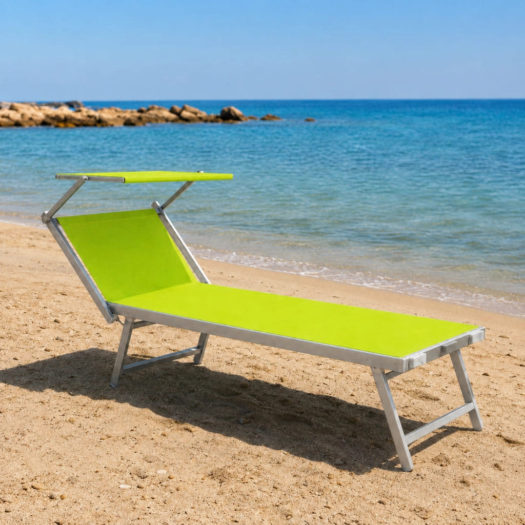 Lettino Sdraio Prendisole Professionale Richiudibile In Alluminio E Textilene con Tettino Parasole Orientabile Lettino Relax Mare Spiaggia Piscina Giardino Solarium 182 x 60 x 38 Cm Verde Fluo