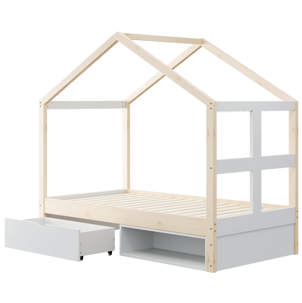 Letto singolo a casetta 90x190 cm con cassetto, scarpiera e LED