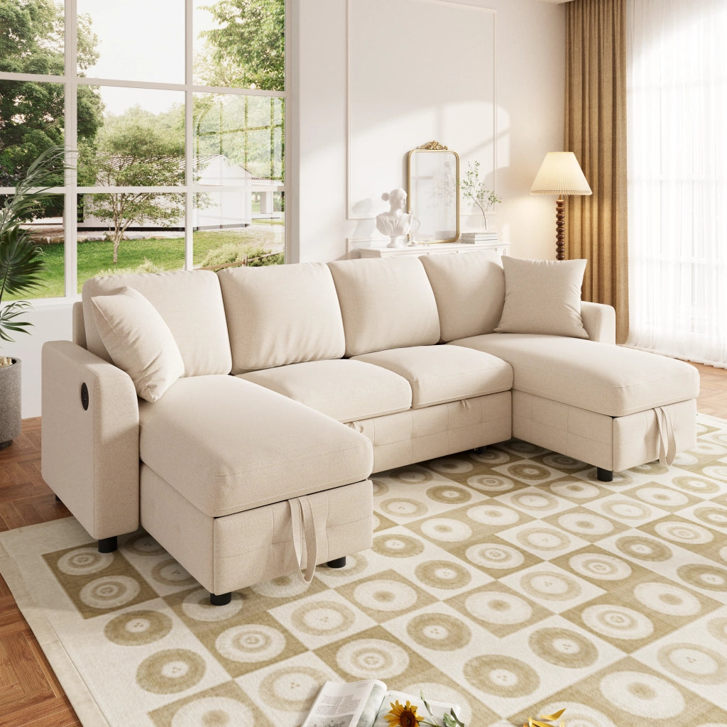 Divano angolare convertibile in ciniglia con letto estraibile e contenitore, USB, Type-C beige 260 × 128 × 82 cm
