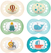 Set di fopspeen siliconizzato giorno-notte per bambini 16-36 mesi da 6 pezzi con scatola di trasporto sterilizzabile