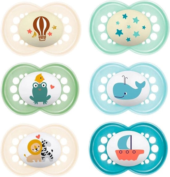 Set di fopspeen siliconizzato giorno-notte per bambini 16-36 mesi da 6 pezzi con scatola di trasporto sterilizzabile