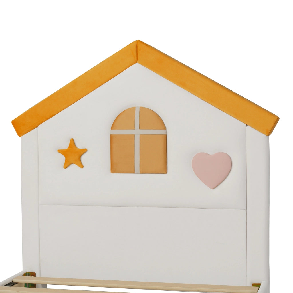Letto per bambini 90 × 200 cm a casetta imbottito con 4 cassetti, senza materasso, in velluto, beige