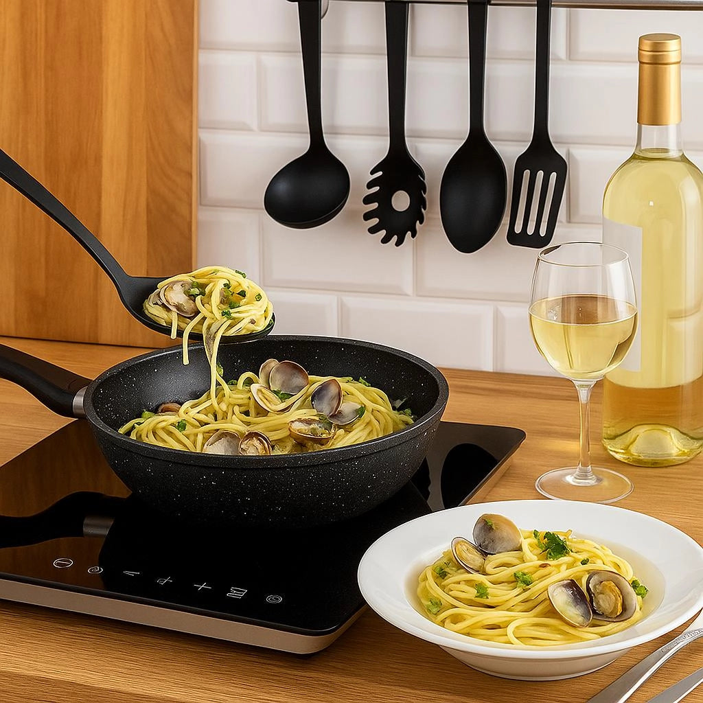 Set Padelle Induzione Pietra Antiaderenti 24/28/32 cm con Coperchi e 5mestoli Nero