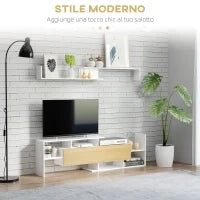Mobile TV con Mensola a Muro, Ripiani Aperti e Armadietto in Legno, Bianco e Legno Naturale
