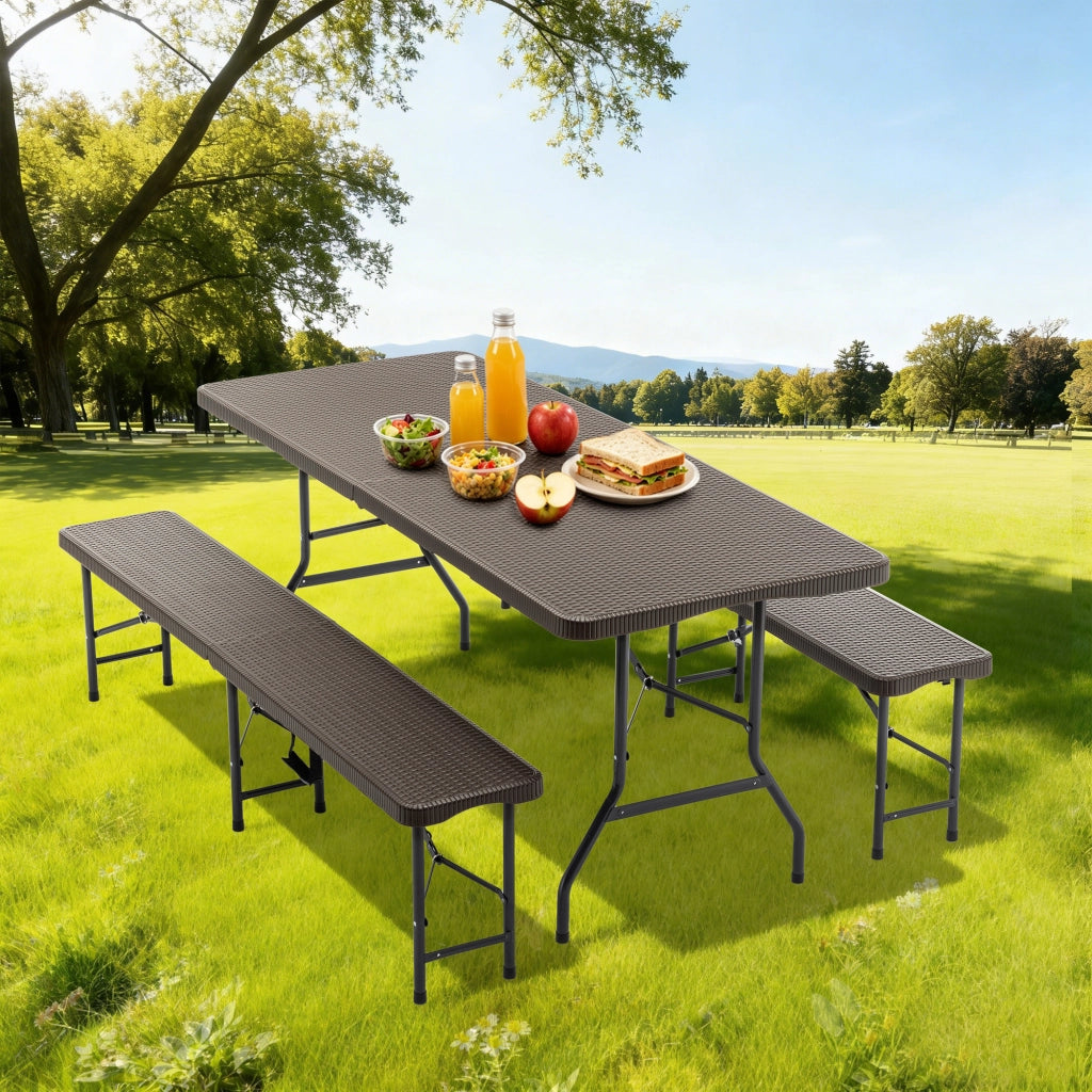 TAVOLO PICNIC PIEGHEVOLE 3 PEZZI, con 2 panche, marrone, HDPE