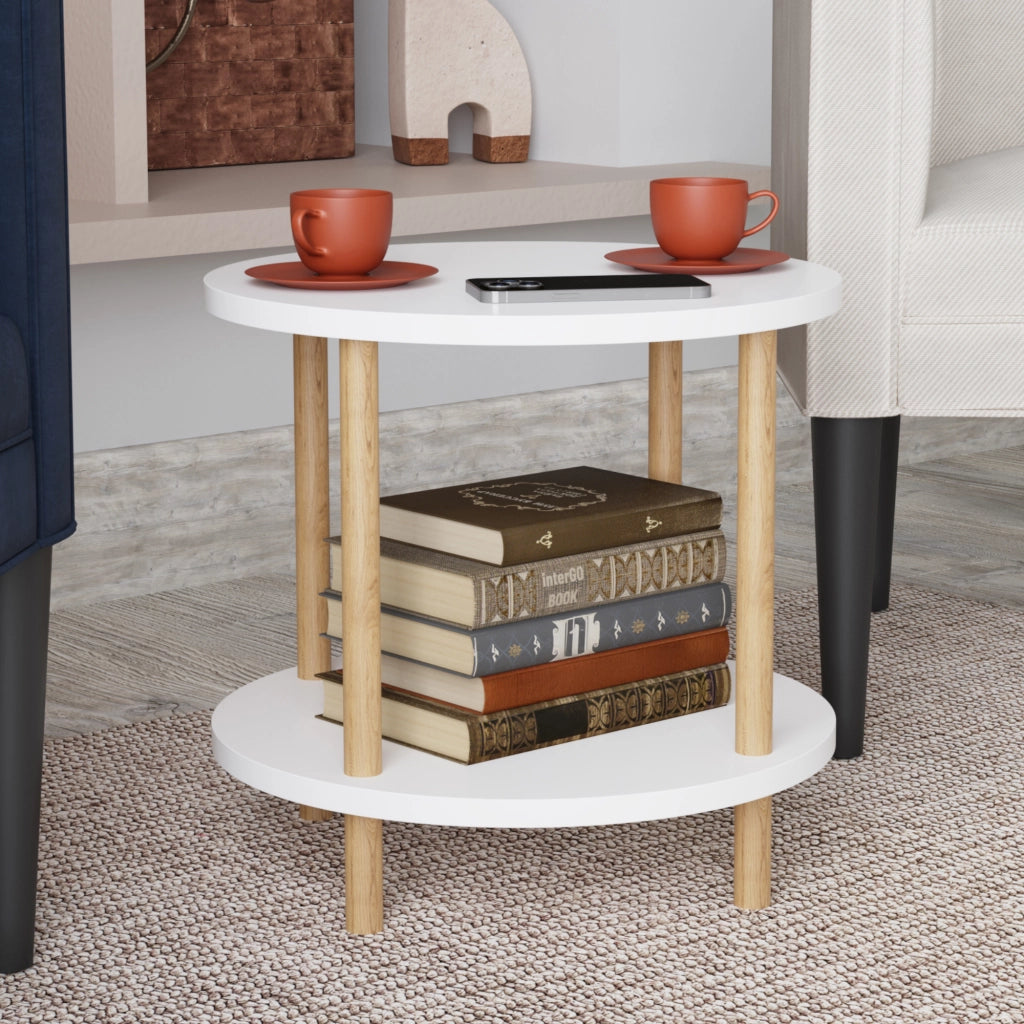 Tavolino Rotondo VES con 2 Piani di Appoggio 49xØ42 cm Bianco [en.casa]