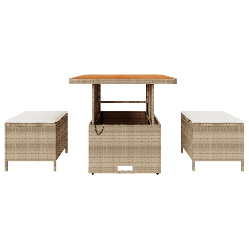 Set da Pranzo da Giardino 3 Pezzi con Cuscini Beige in Rattan e Acacia