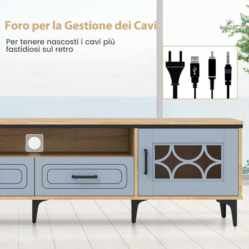 Mobile TV in Legno per Televisori Fino a 80", Mobile Porta TV 180 cm con 2 Cassetti, 2 Armadi e Scomparto, 7 Gambe Metalliche Rialzate, Consolle Media per Soggiorno (Blu)