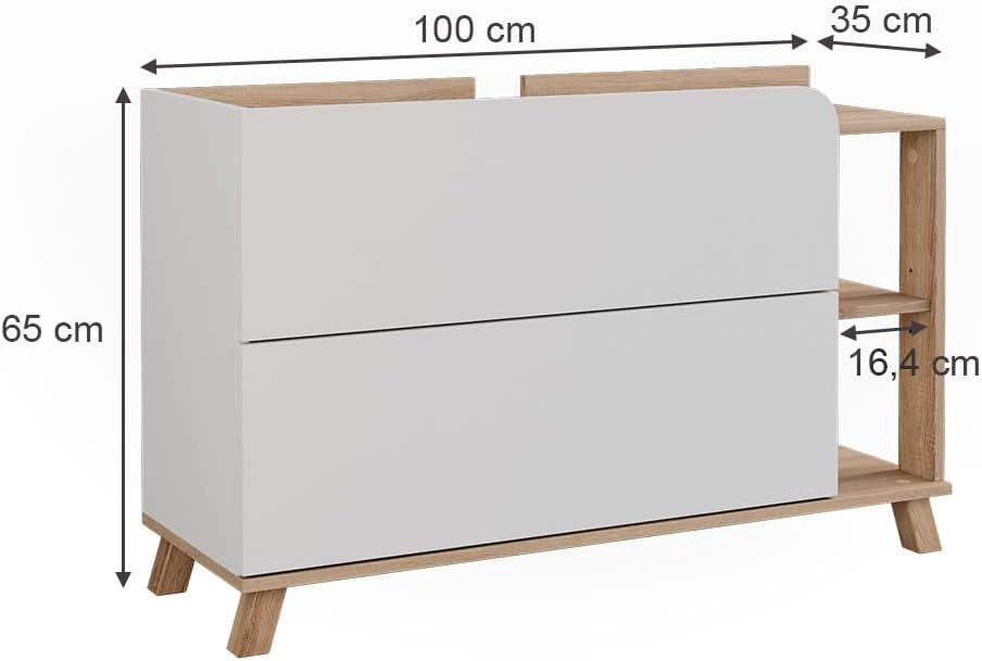Mobiletto per lavabo Karen, Sonoma/Bianco, 100 x 65 cm con 2 cassetti, per montaggio sotto il lavabo con apertura per sifone