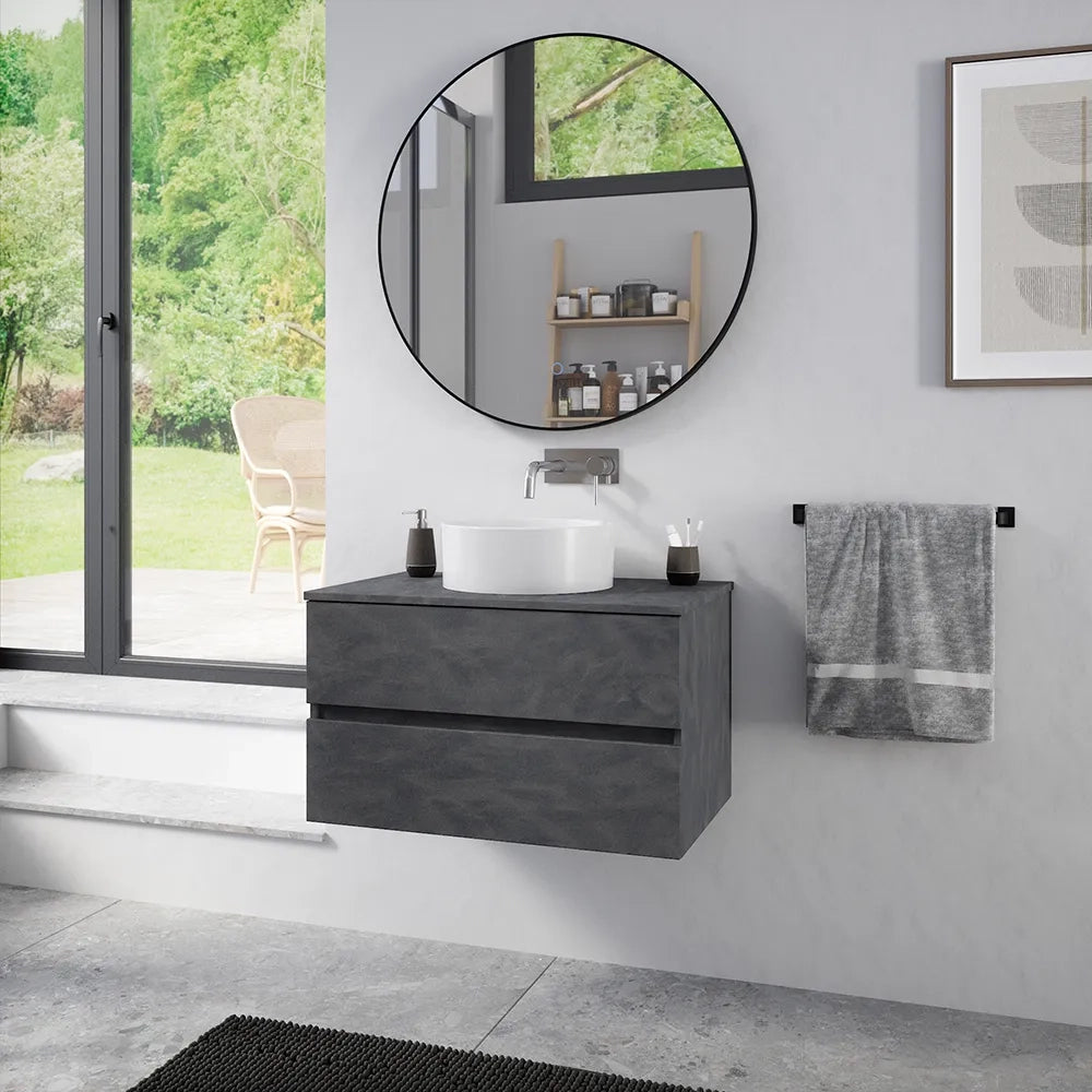 Mobile da bagno sospeso 80 cm effetto cemento scuro con top | Yili