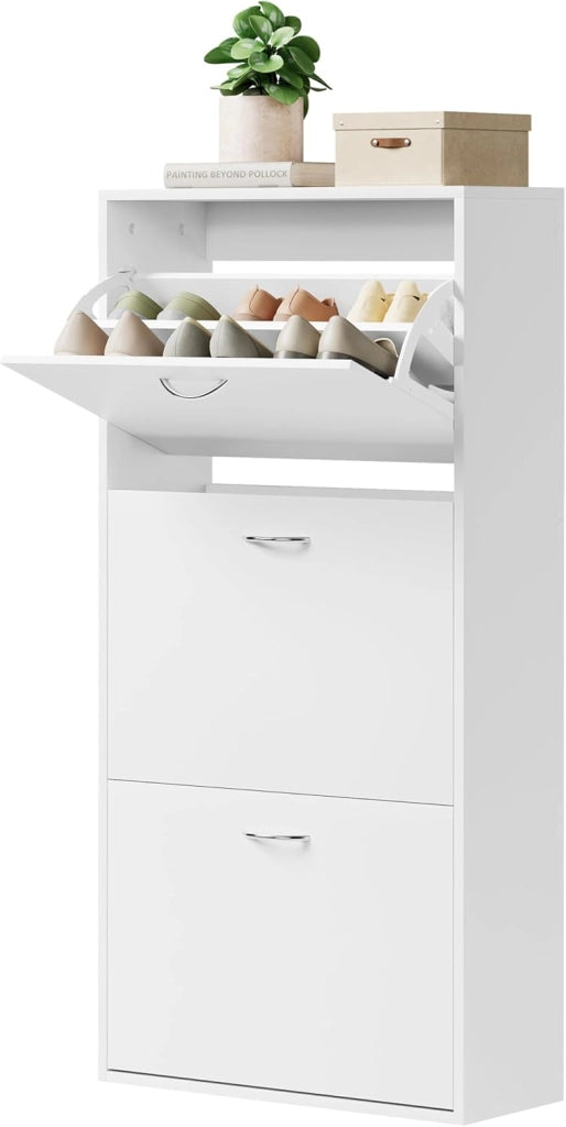 Scarpiera con 3 Cassetti a Ribalta, Portascarpe Stretto con Ripiani Regolabili, Capienza 14-18 Paia, 58x23x118 cm, Bianco, per Corridoio e Soggiorno