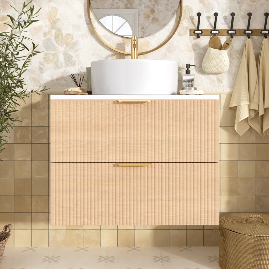 Mobile Bagno Sospeso 60 cm con Lavabo in Ceramica Rotondo e Cassetti Effetto Legno