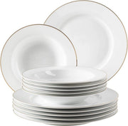 Set da pranzo professionale per 6 persone in bianco con bordo dorato - 12 pezzi di porcellana da tavola