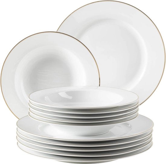 Set da pranzo professionale per 6 persone in bianco con bordo dorato - 12 pezzi di porcellana da tavola