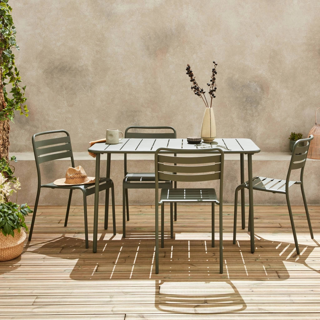 Set tavolo da giardino in acciaio con 4 sedie, 120cm, verde kaki