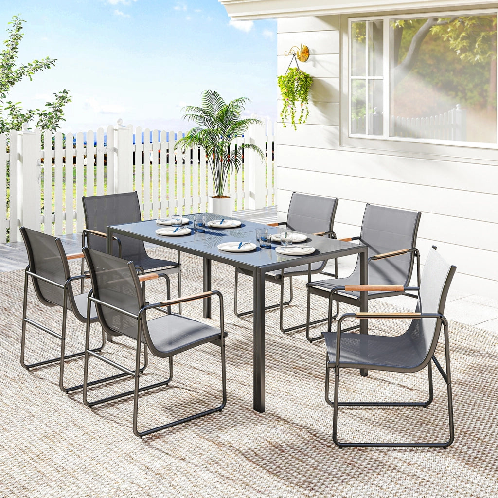 Set Giardino 7 Pezzi 6 Persone ¨C zephmum ¨C Tavolo Vetro Sedie Mesh Grigio