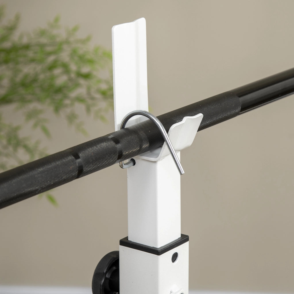 Panca pesi con pressa per gambe, supporto per bilanciere e braccioli per un allenamento efficace con i pesi, bianco e nero