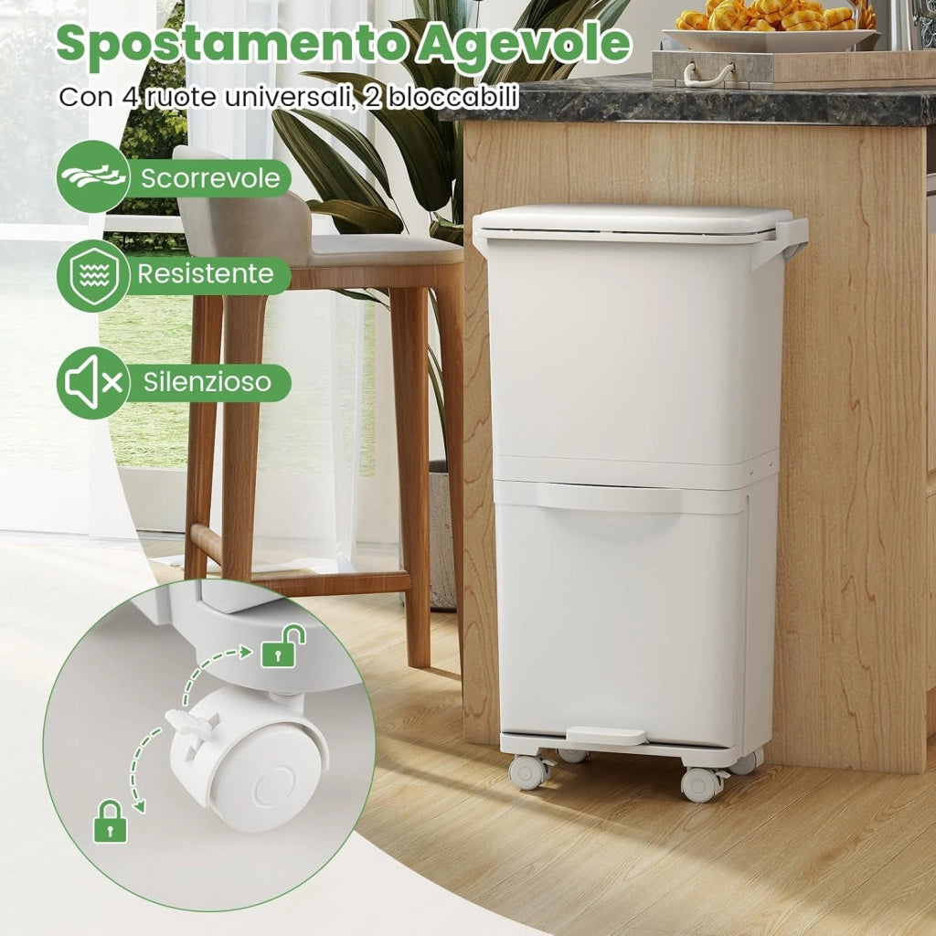 40L Pattumiera Differenziata a 3 Scomparti, Bidone per Spazzatura con Cestino Rimovibile e 4 Ruote, Secchio Rifiuti a Pedale per Cucina Sala da Pranzo Soggiorno (Bianco)