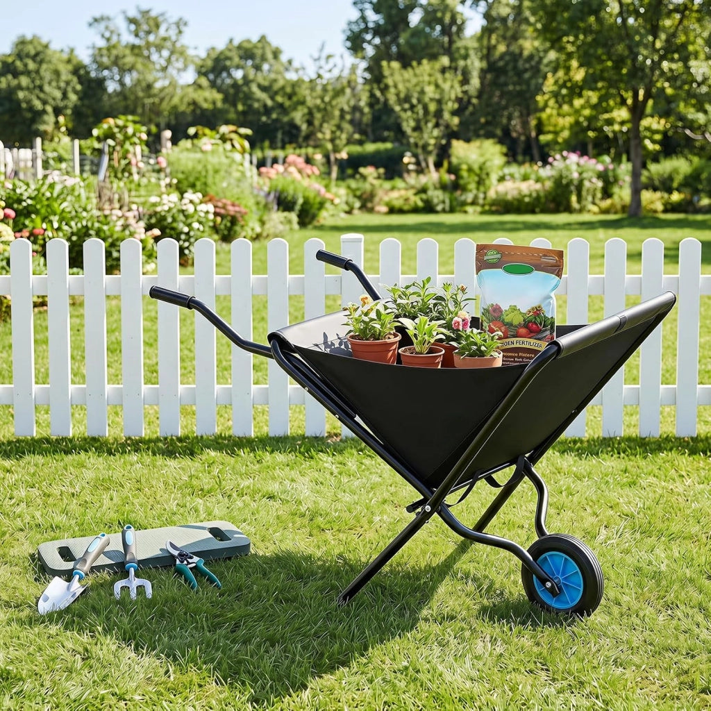 Carriola da Giardino Pieghevole con Tasca in Tessuto Oxford | Carrello da Esterno con Manico Antiscivolo, Struttura in Metallo, Ruota e Grande Capienza da Cortile e Fattoria