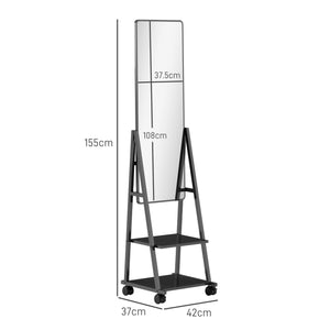 Specchio da Terra Autoportante con Ruote 42x37x155 cm in Acciaio e Legno Nero