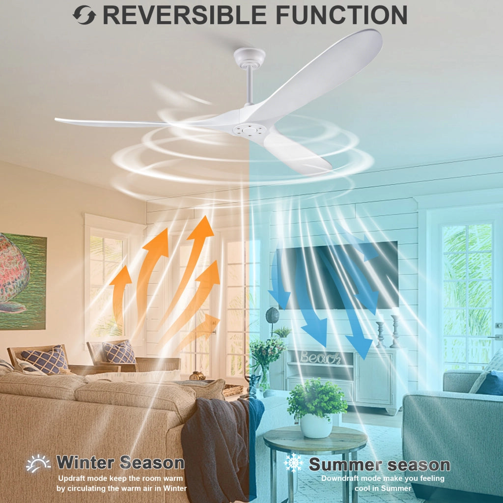 Ventilatore da soffitto bianco design moderno 70 pollici, 3 pale legno massello, senza illuminazione, motore DC reversibile silenzioso