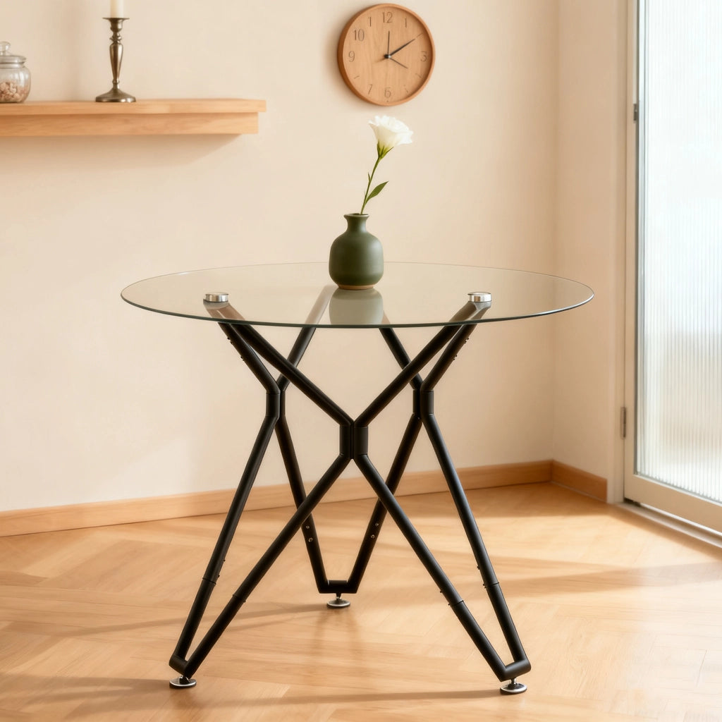 Tavolo da pranzo - rotondo in vetro temperato - gambe metalliche - Ø90 cm - per 1-4 persone - nero - salvaspazio
