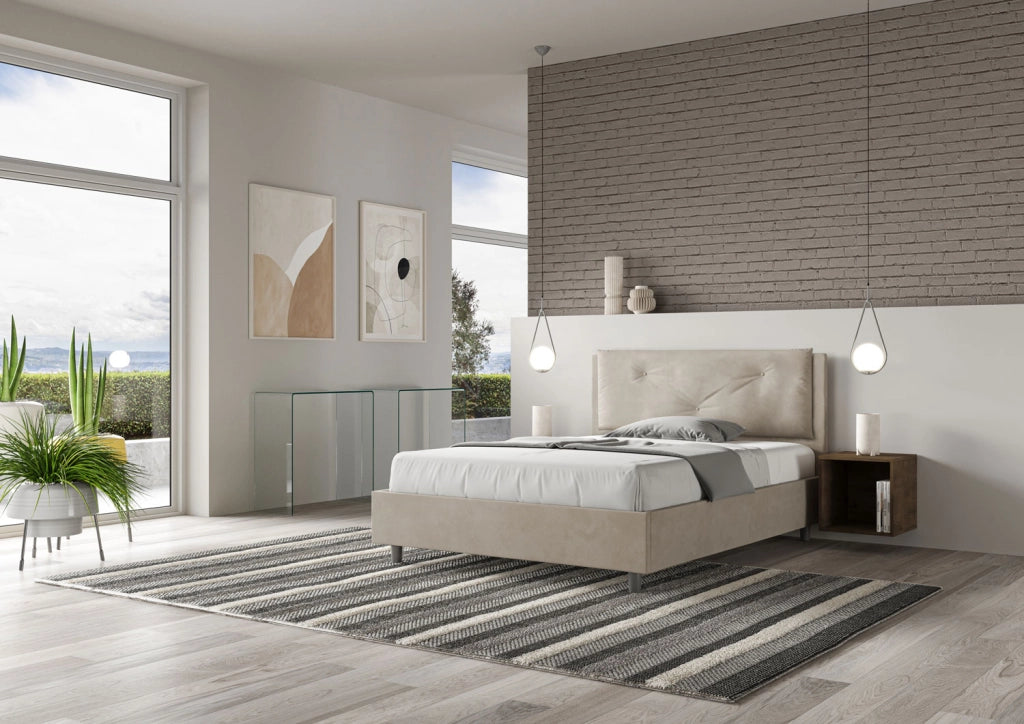 BS COM Letto matrimoniale francese contenitore imbottito 140x190 microfibra sabbia Large