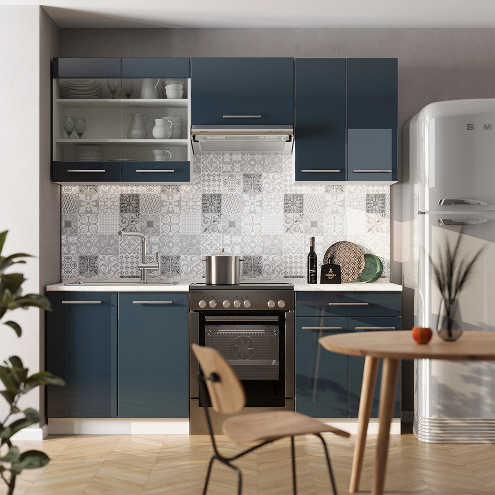 Mobili da cucina Fame-Line Blu scuro lucido/Bianco 200 cm, PL Marmo Vicco