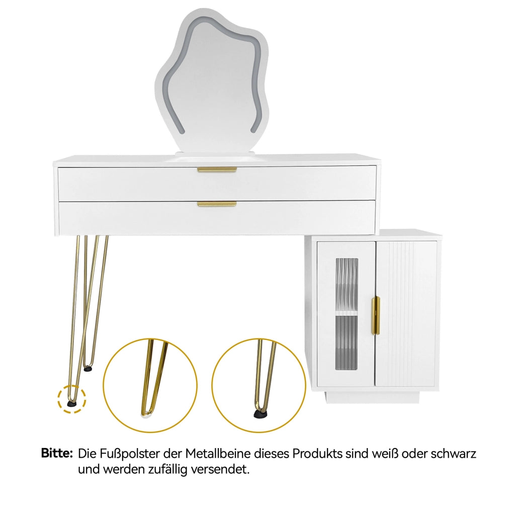 Tavolo da trucco bianco estensibile con specchio LED e 2 cassetti, 100x40x78 cm