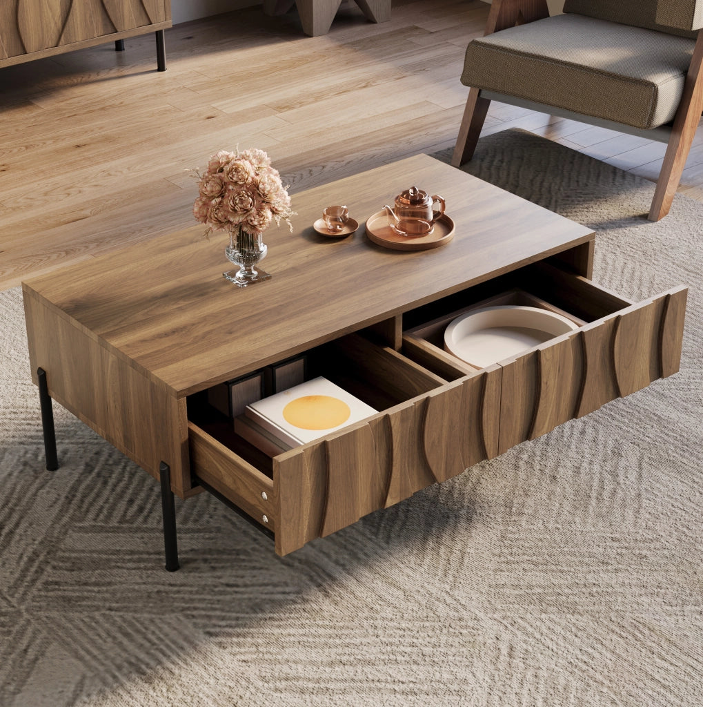 Tavolino da caffè retrò con 2 cassetti; 105x55x41 cm; naturale; in MDF e truciolare