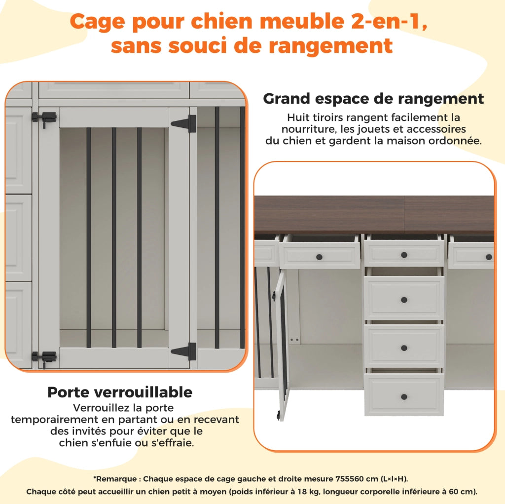 Mobile-gabbia per cani ULEVR 200x60x85 cm con 2 vani separati, 8 cassetti e chiusure di sicurezza, bianco e noce