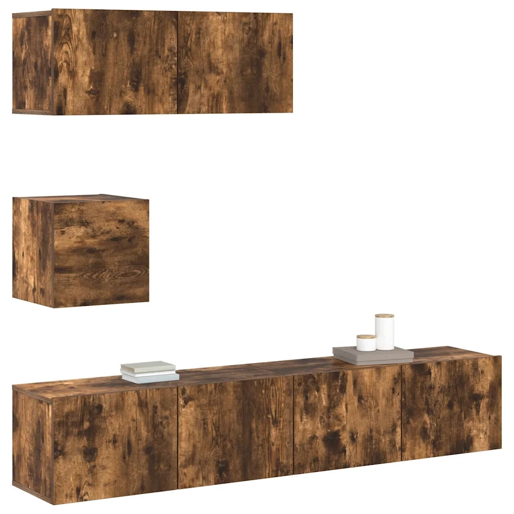 Set di Mobili Porta TV 4 pz Rovere Fumo in Legno Multistrato cod mxl 12150