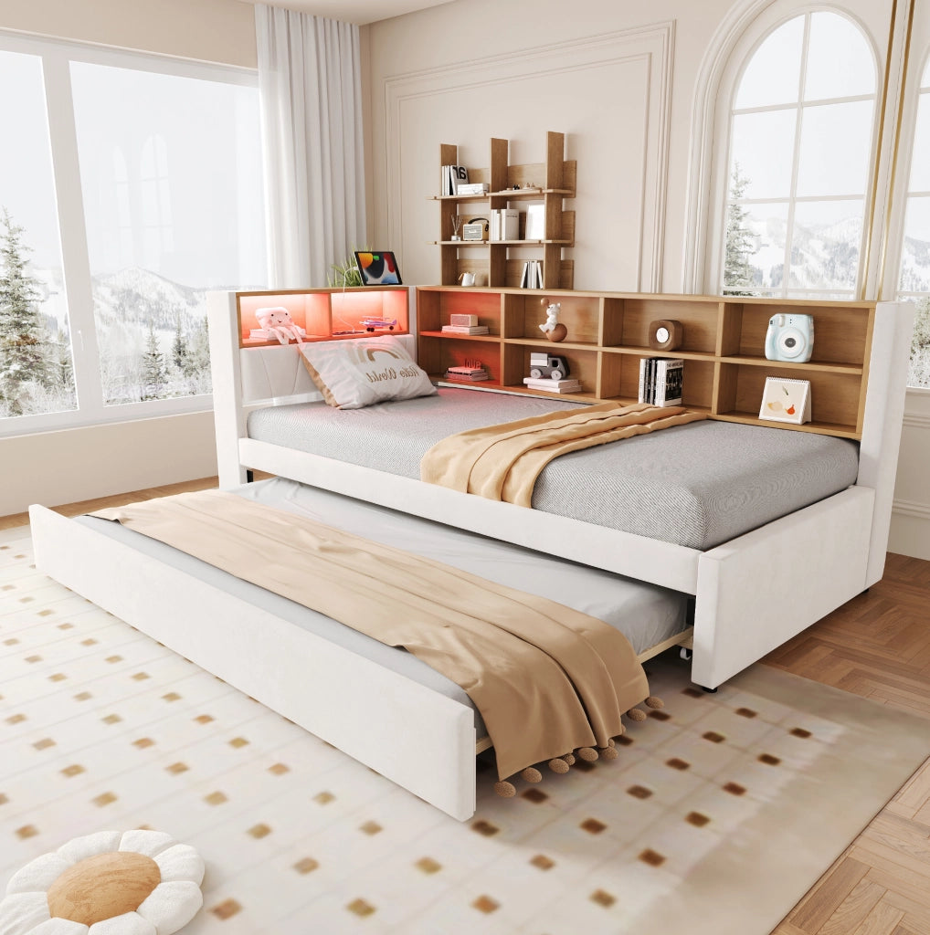 Divano letto 90x200 cm con letto estraibile; LED e contenitori in flanella beige