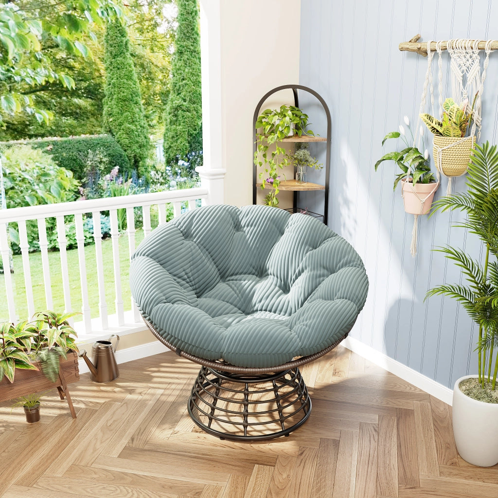 Poltrona Papasan Girevole 360 con Cuscino Imbottito; Design Ergonomico per Soggiorno o Camera; Acciaio Marrone Verde Chiaro