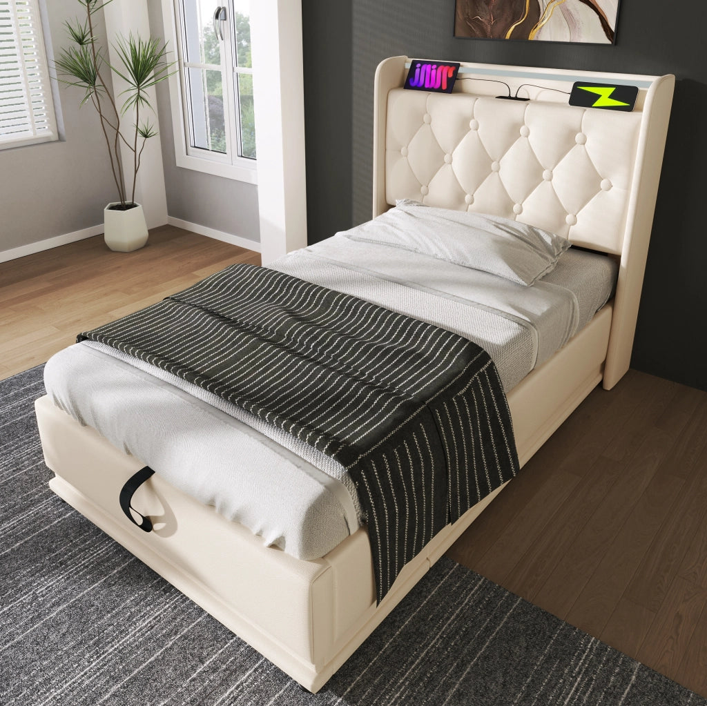 Letto singolo LED con vano contenitore e USB-C 90x200 cm bianco