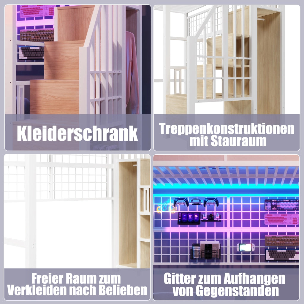 Letto castello 90x200 ferro armadio scala rete LED 7 colori bianco