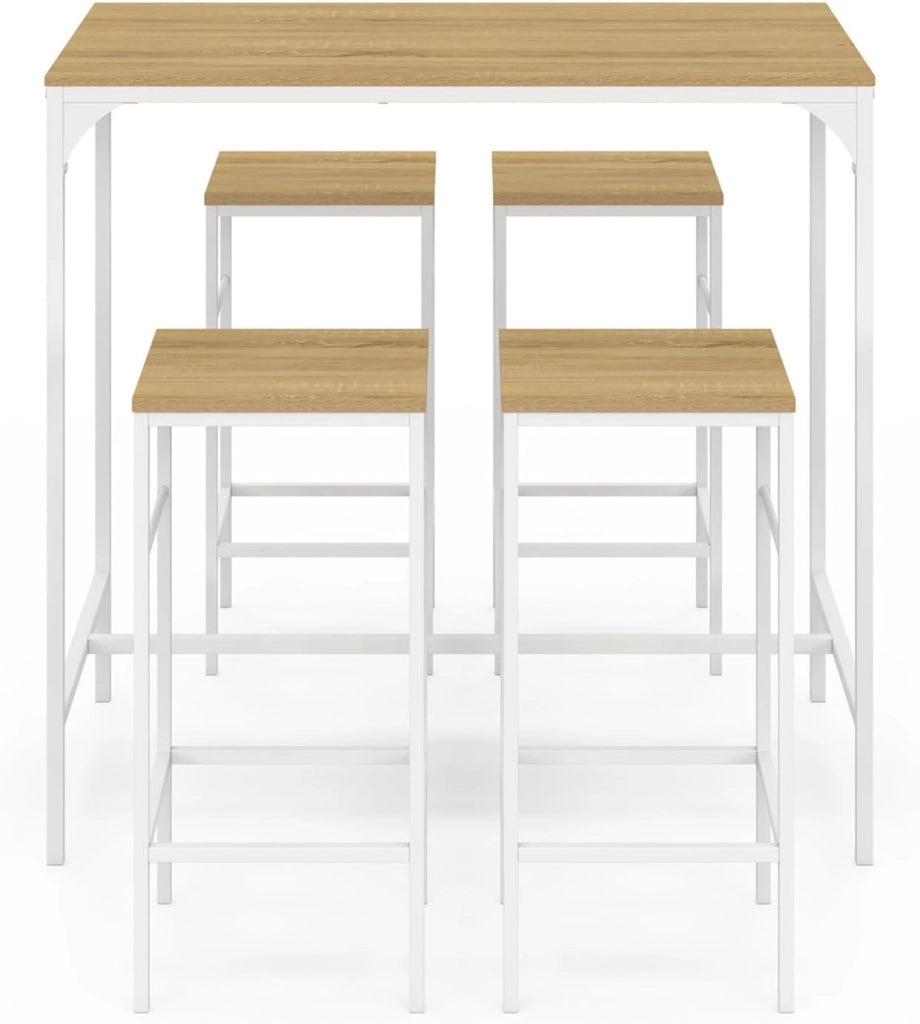 DETROIT Tavolo da bar alto 100 cm e 4 sedie da bar in legno e metallo bianco, design industriale