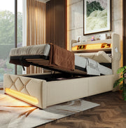 Letto singolo imbottito ULEVR 90x200 cm con contenitore idraulico, LED 360¡ã, USB e Type-C, beige