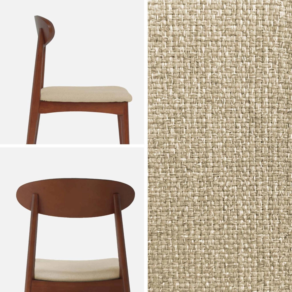 Set 2 sedie vintage in legno di hevea noce e tessuto, beige