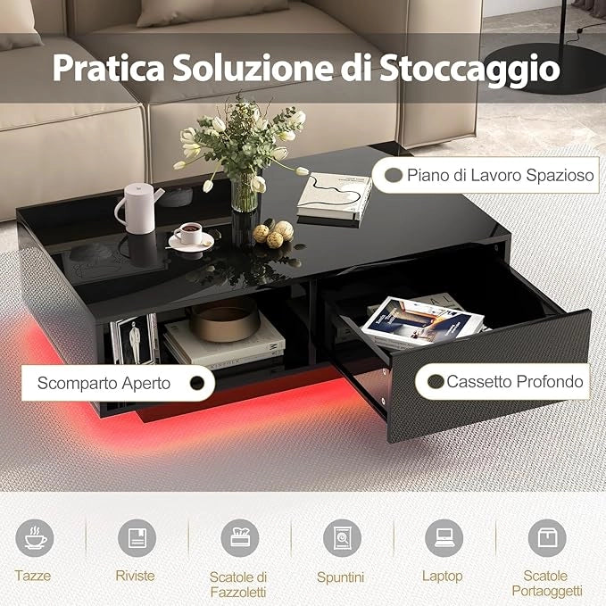 Tavolino da Salotto in Legno, Tavolino Moderno e Rettangolare con 20 Colori di Luci a LED, Telecomando, Cassetto e Ripiano Aperto, Tavolino per Studio e Ufficio (Nero)