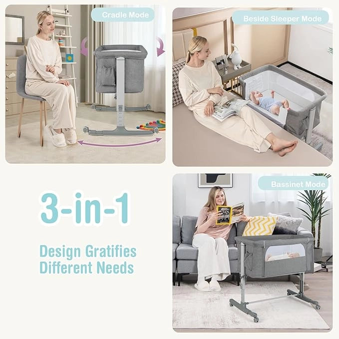 3 in 1 Lettino con Materasso Laterale Regolabile in 5 livelli, Culla per Neonato da Viaggio Mobile su Ruote con Tasca e Borsa per Trasporto (grigio chiaro)