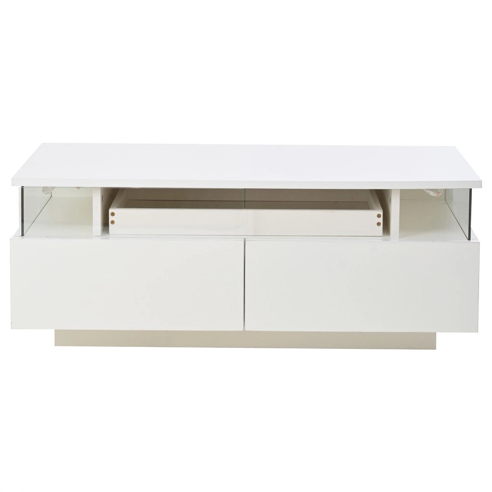 Tavolino da Caff¨¨ con LED e Cassetti ¨C MINIMAL ¨C Vetro Temperato, Bianco, 90x45x35.5