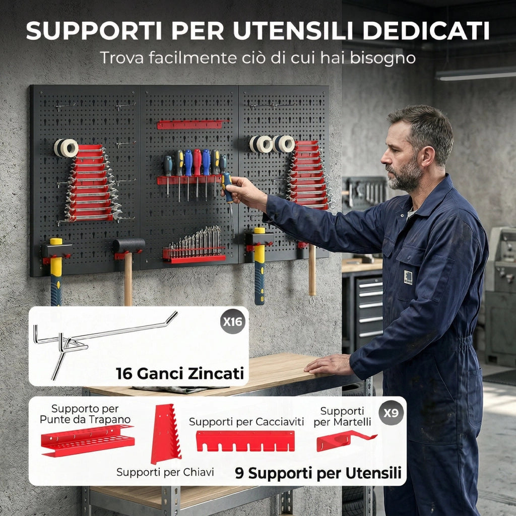 Set 3 Pannelli Porta Attrezzi da Parete in Acciaio con 9 Supporti e 16 Ganci. Nero e Rosso