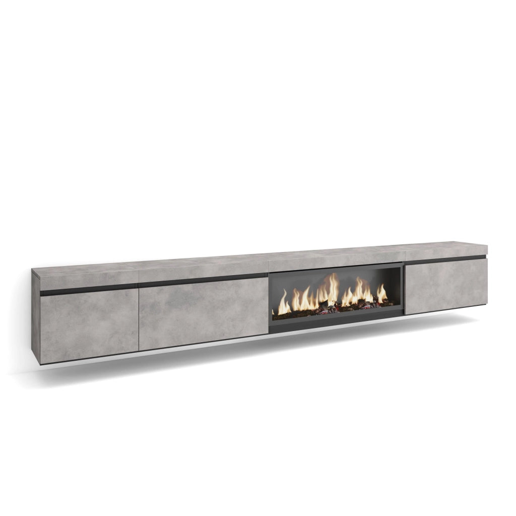 Mobile TV Soggiorno, 317x35x45cm, Camino elettrico XXL, da appendere, grigio cemento RF3669