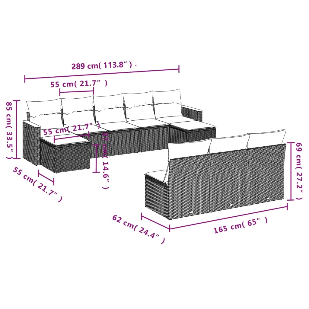Set Divani da Giardino 10pz con Cuscini in Polyrattan Nerocod mxl 88451