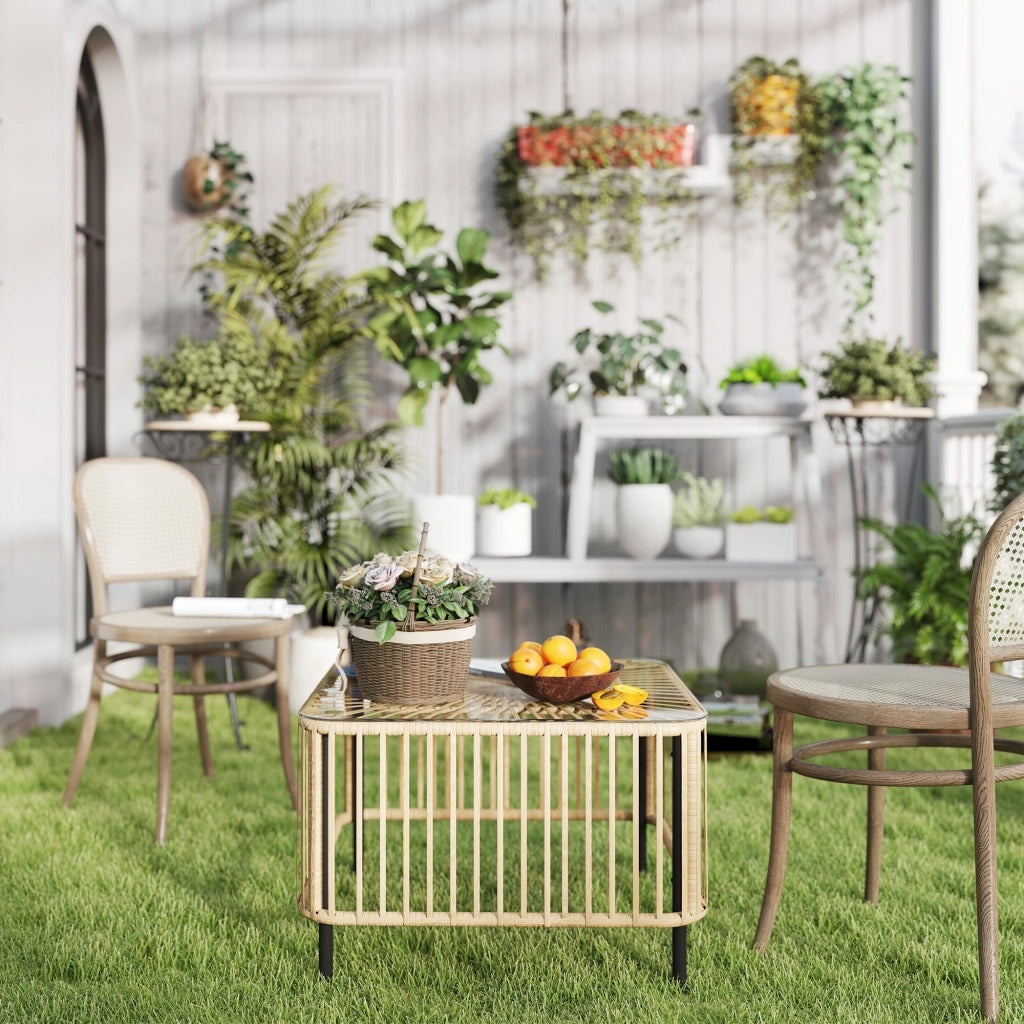 Tavolo da giardino in polirattano; 65 x 65 x 43 cm; tavolino laterale resistente alle intemperie; quadrato con piano in vetro; legno naturale